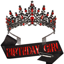 Birthday Sash and Tiara Set for Women and Girls, Red Black Crown and Sash, Princ