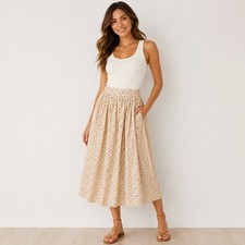 Vintage Esprit Collection Polka Dot Midi Skirt White Cotton Pleated 11/12 Boho