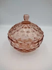 Vintage Pink Depression Glass Candy Dish w/ Lid Geometric Diamond Pattern