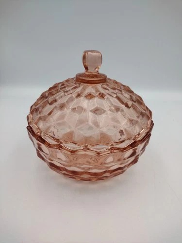 Vintage Pink Depression Glass Candy Dish w/ Lid Geometric Diamond Pattern