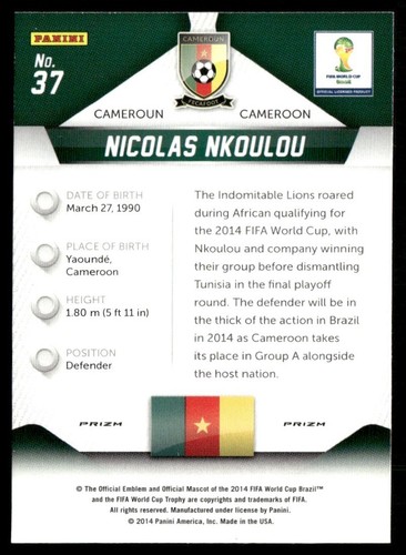 2014 Panini Prizm World FIFA Cup Yellow/Red Insert Nicolas Nkoulou Cameroon #37 - Picture 2 of 2
