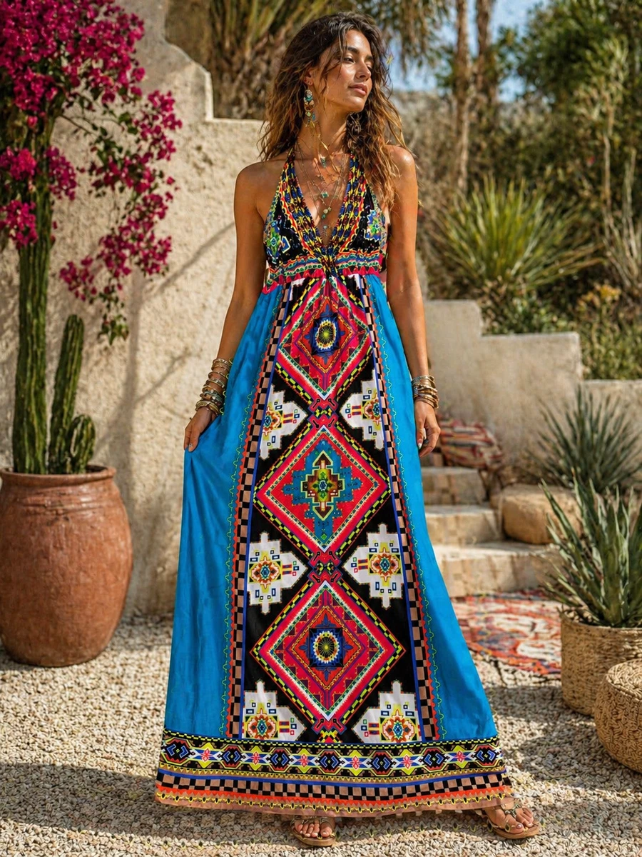 blue dress for baby girl Hazel Lace Panel Halter Neck Sleeveless Boho Dress in Silk Cotton Blen –  fbrq.com main image 0