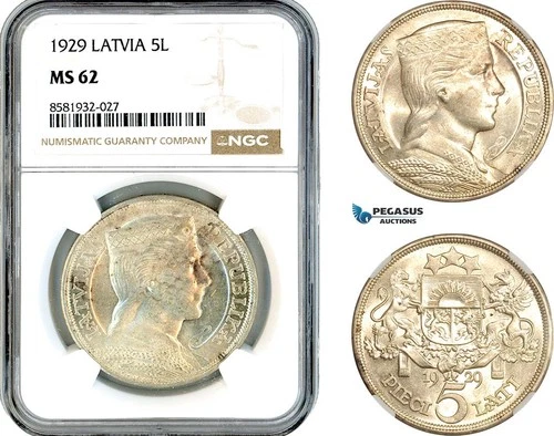 AL048, Latvia, 5 Lati 1929, London Mint, Silver, NGC MS62