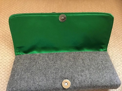 CLUTCH Foldover 10” Beautiful Gray Green Wool Brass Accents Green Satin Lining - Picture 2 of 12