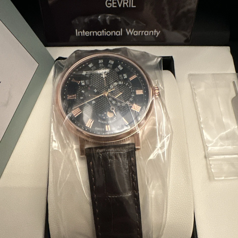 Banda de cuero marrón oro rosa cristal zafiro hecho en Suiza Gevril GV2 Maestro Foto 2 de 4