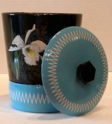 DOSE TEEKANISTER/BEHÄLTER WEISS Blumen SCHWARZER Hintergrund TÜRKIS Zickzack DECKEL - Bild 2 von 12