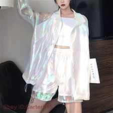 Women Laser Jacket Harajuku Shiny Holographic Loose Coat Transparent Tops Casual