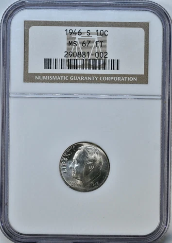 1946-S Roosevelt Dime NGC MS67 FT Graded MS 67 FULL TORCH Uncirculated Coin