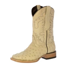 Mens Sand Ostrich Quill Pattern Genuine Leather Cowboy Dress Boots Square Botas