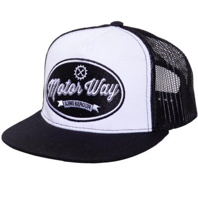 King Kerosin Rockabilly Vintage Trucker Cap Kappe Mütze - Motor Way Schwarz-Weiß