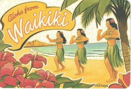 Aloha from Waikiki Hawaii Retro Postcard Beach Hula Dancers Plumeria Flowers New - Picture 1 of 2