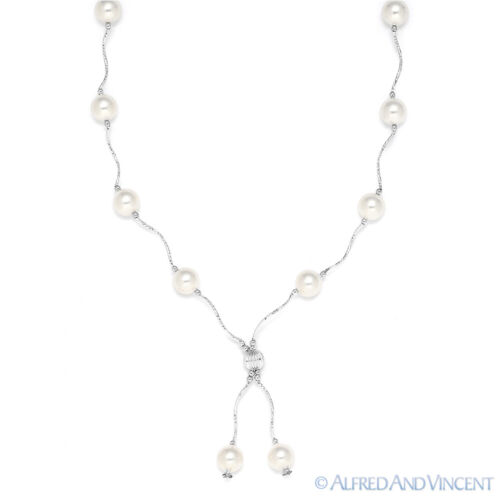 Collar en Y con cuentas de perlas blancas de agua dulce de 8 mm en oro amarillo o blanco de 14 K - Imagen 3 de 3