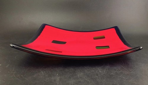 Trinket Dish, Fused Art Glass in Red & Cobalt 8.25" Square, Hand-Made Excel Cond - Picture 5 of 7