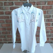 Vintage 1988 Gitano Beaded Blouse, White w/ Pink & Blue Accents, Women's (Small)