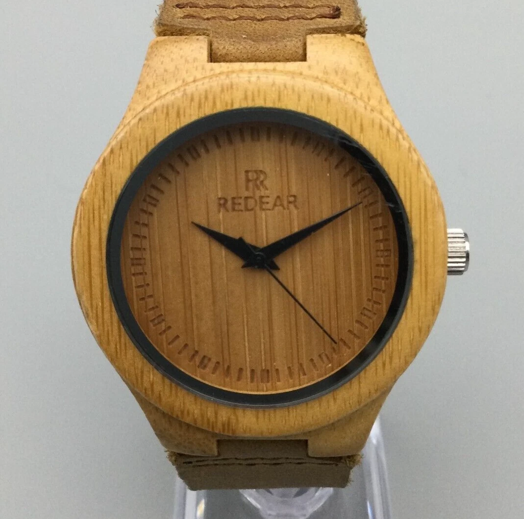Redear Wood Watch Men Brown Round Leather Band New Battery eBay