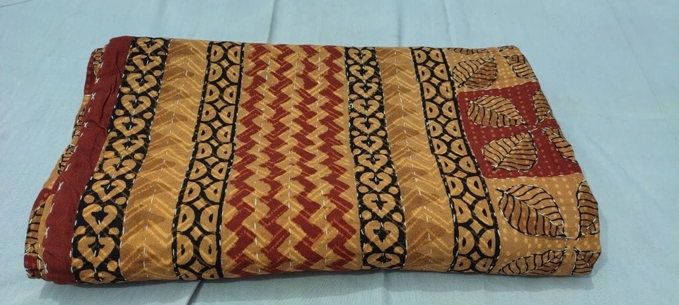Indian Hand Block Rustic Queen Size Cotton Kantha Quilt Throw Blanket Bedspread - Image 3 of 4