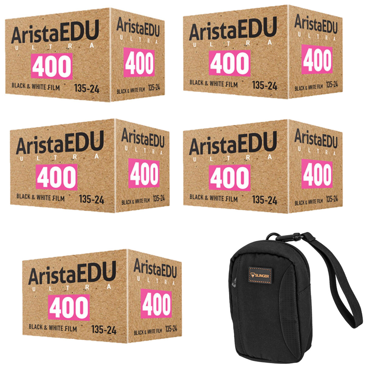 Arista EDU Ultra 400 35-миллиметровая черно-белая негативная пленка в рулоне, 5 упаковок, с сумкой для фотоаппарата