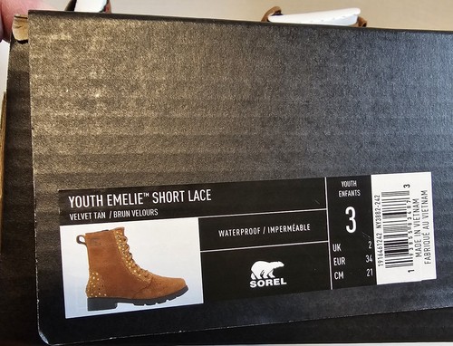 New Sorel Youth Emelie Short Lace Velvet Tan Girls Boots Waterproof Winter Sz 3 - Picture 8 of 8