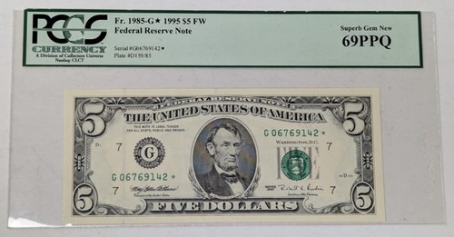 1995 $5 Federal Reserve Note Fr. 1985-G Star Note PCGS 69PPQ - Picture 1 of 2