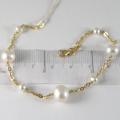 ARMBAND 750 18K GELBGOLD, WEISSE PERLEN 5-7-9 MM, ECKIGE KETTE, 18 CM
