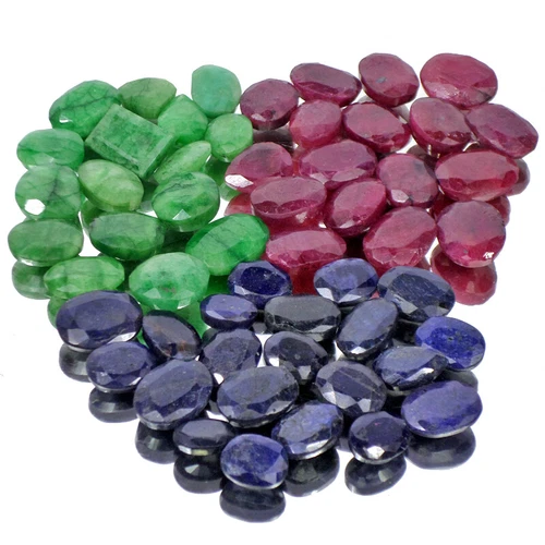Certified Natural Emerald, Ruby Sapphire Faceted Gemstones Lot Mix Cut 591.20 Ct