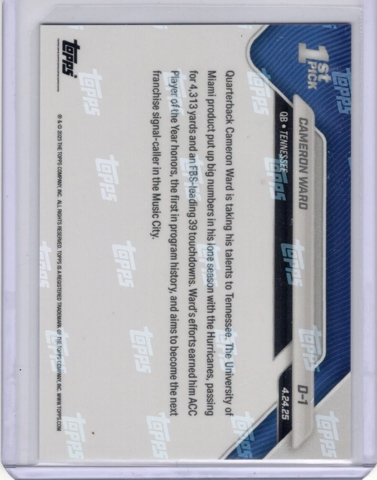 2025 TOPPS NOW NFL FOOTBALL CAMERON WARD RC #1 DRAFT PICK - Image 2 of 2
