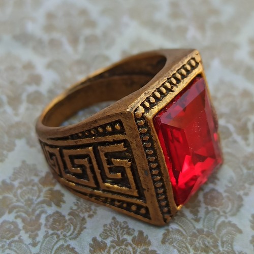 Vintage Men's Ring Massive Royal Red Rhinestone Women Art Deco Gift Statement - Picture 2 of 16