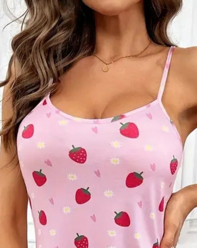 Women Pink Strawberries Soft Stretch Knit Chemise Nightgown Sz L - Picture 6 of 12
