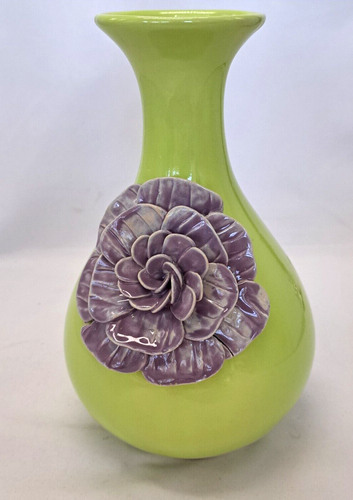 Anthropology Ceramic Avacado Green Vase With Applied Purple Bloom Flower - Picture 9 of 9