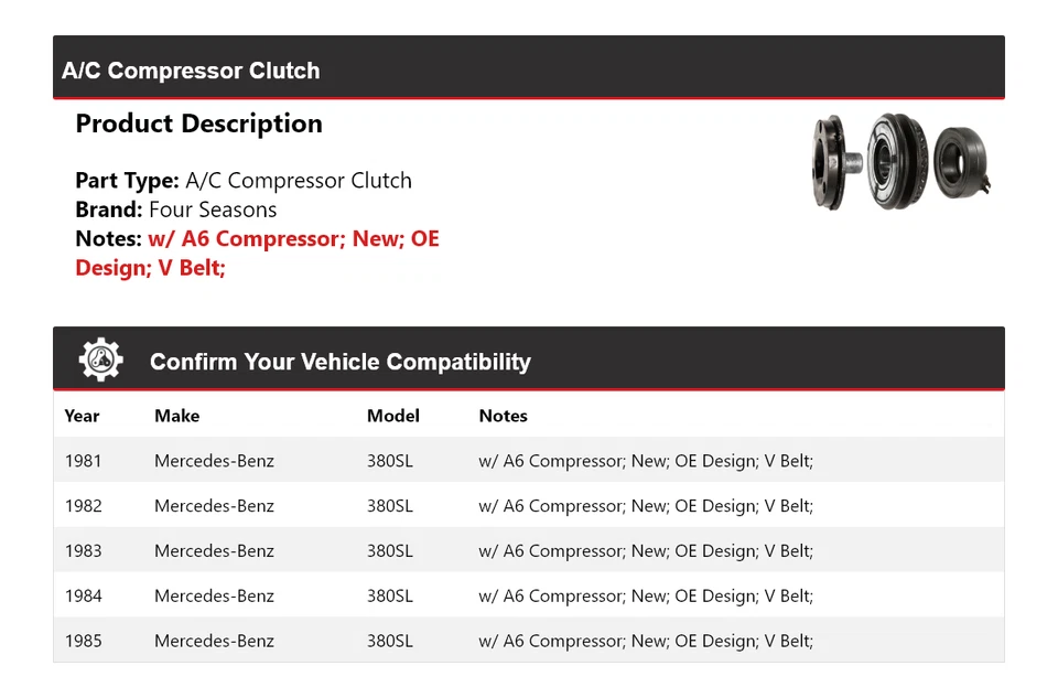 For 1981-1985 Mercedes-Benz 380SL A/C Compressor Clutch 4 Seasons 1982 1983 1984 - Image 2 of 3
