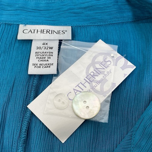Catherines Teal Button Front Blouse 3/4 Sleeve Roll Tabs Plus Size 4X 30/32 NEW - Picture 15 of 16