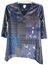 Chico's Midnight Patchwork Velvet Lace Up Tunic V-Neck 3/4 Sleeve Size 1 Medium