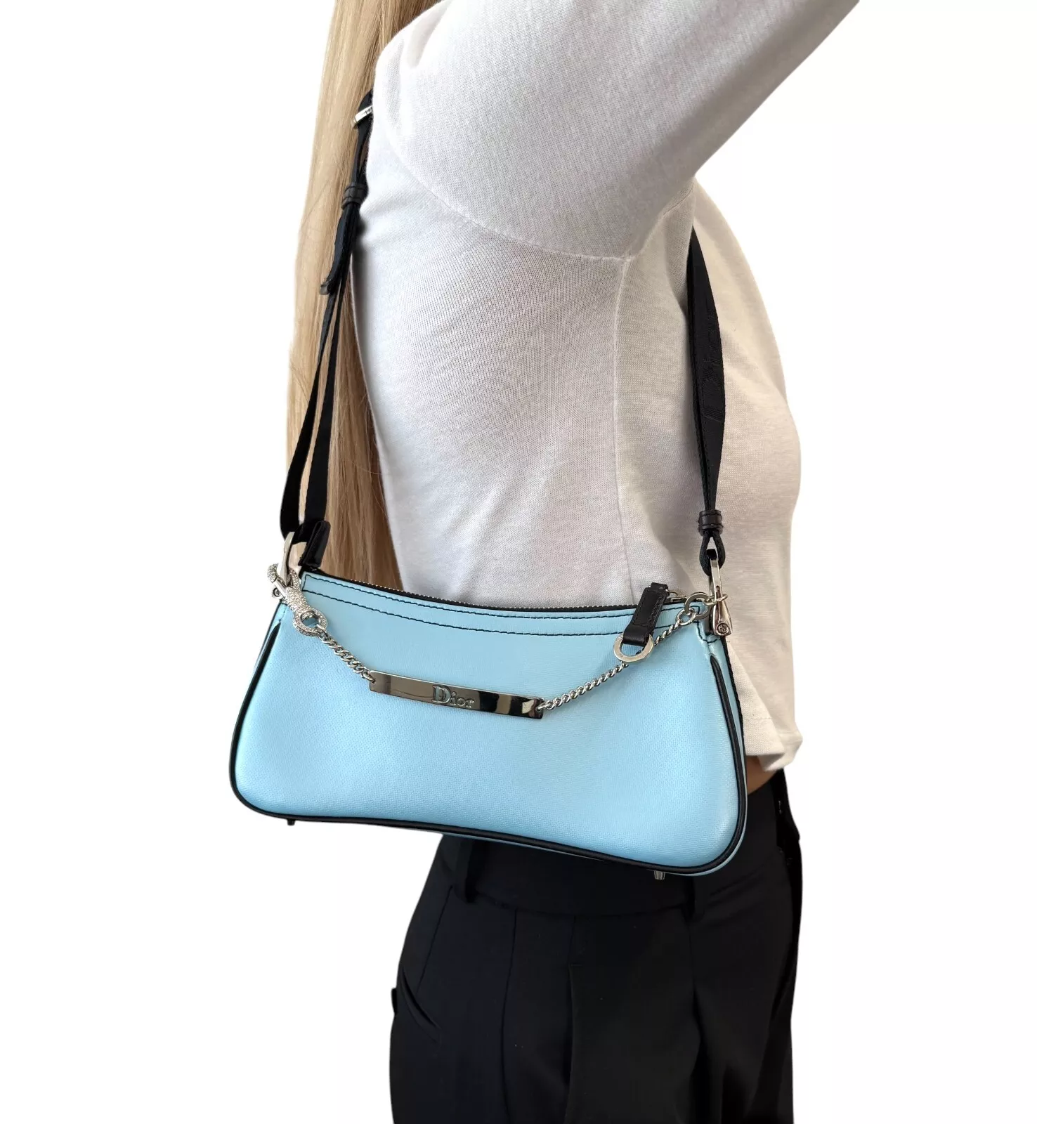 Sac bandoulière Christian Dior vintage 2003 logo bleu argent cuir strass