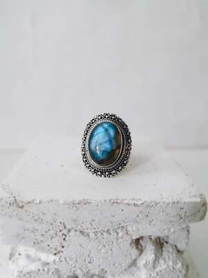 Statement 925 Silver Ring with Labradorite, Large Ethnic Labradorite Silver Ring,