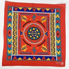 Vtg Bandana 21.5" x 21. 75" Southwestern Folk Art Aztec Colorful Print 13960