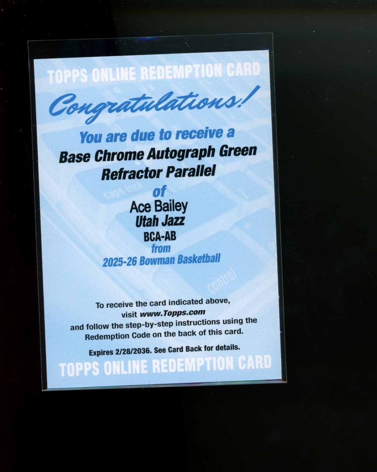 2025-26 Bowman Chrome Green Refractor Auto Redemption #BCAAB Ace Bailey /99 RC