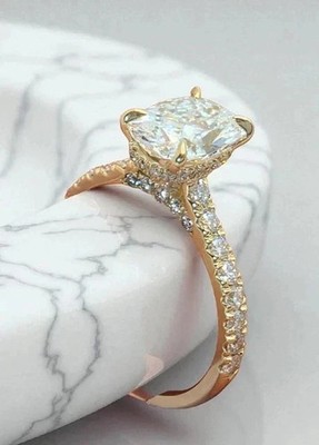 Hidden Halo Lab Created Diamond Ring 2.80Ct Cushion Cut 14k Yellow Gold Plated