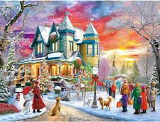 1000-Piece Christmas Jigsaw Puzzle: Sunset Villa Winter Landscape for Adults