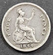 1844 GB  QV Queen Victoria Silver Groat, Four Pence Coin Young Head