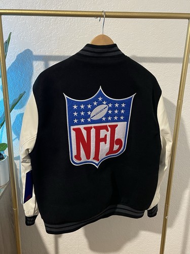 NFL Varsity Bomber Jacket – Men’s Black Body Leather White Sleeves (M) –$160 NWT