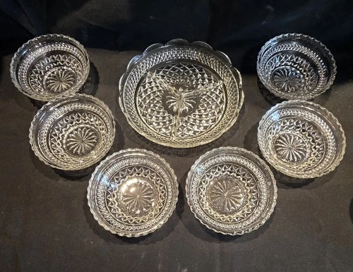 Vintage Anchor Hocking Wexford 3 Part Glass Relish Dish with 6 Dessert Bowls