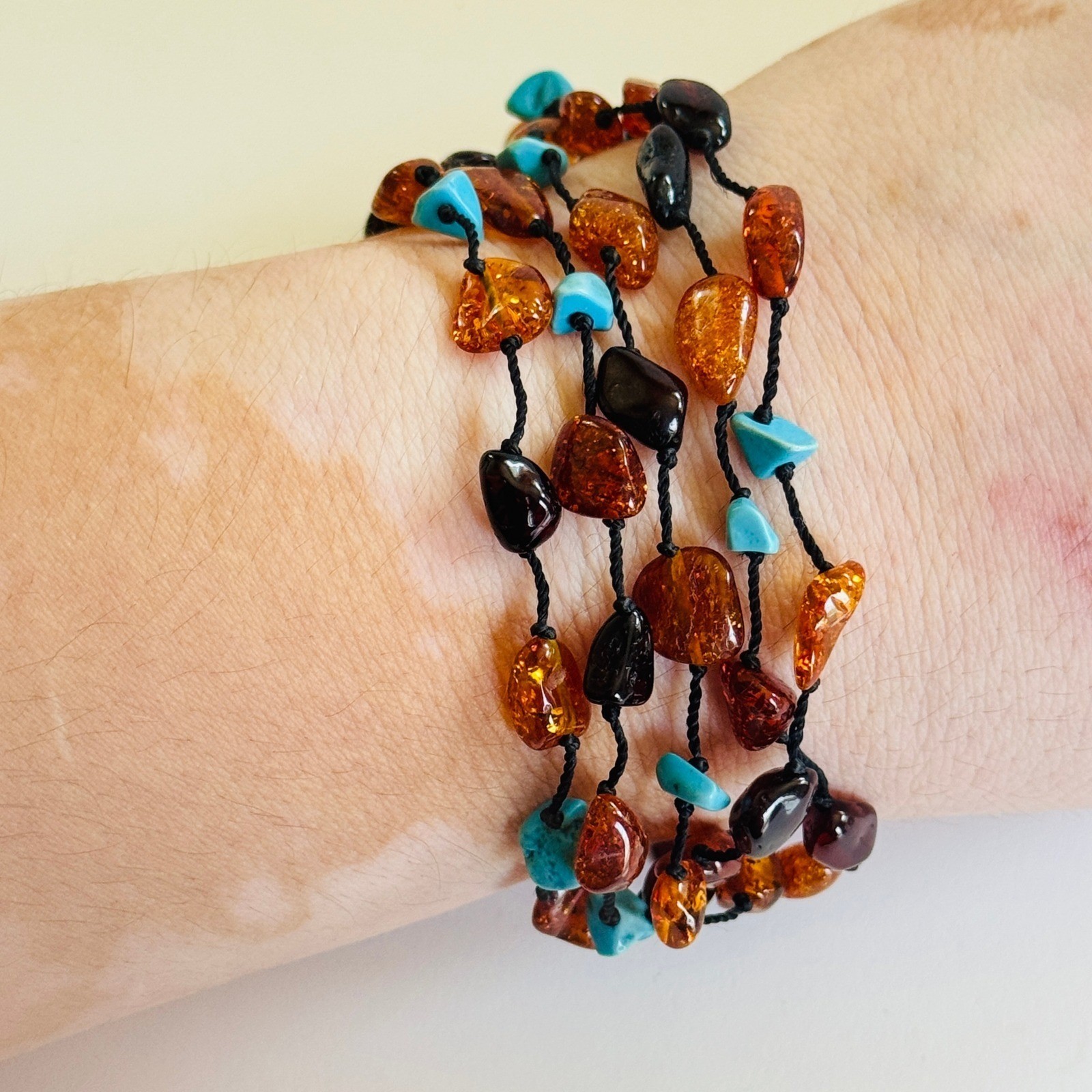 Baltic Amber Turquoise Bracelet multi strand BOHO… - image 6