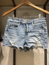 American Eagle Super Stretch Denim Jean Shorts Distressed Crochet Pockets Size 4