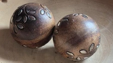 Artisan-Style Wood Balls (Set) with Leaf Inlay and Rich Brown Finish, 13 oz Each