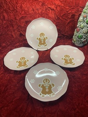 Eli + Ana Pink Gingerbread * 4 SALAD PLATES * Christmas, Cookie, Snowflakes, NEW
