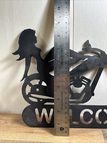 Cast Iron Babe Girl On Motorcycle Welcome Sign Hand Made Rustic - Picture 5 of 6