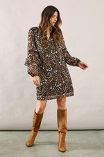 Wallis Womens Shift Dress Neutral Abstract Print V Neck Long Sleeve Knee Length