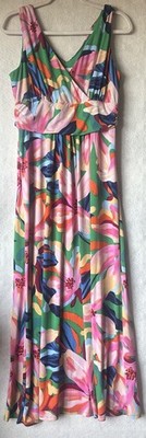 Pappagallo Womens Medium Floral Maxi Dress Green Pink Sleeveless V Neck Lined