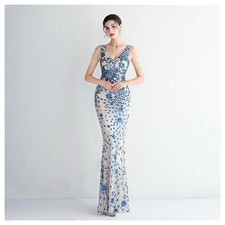 Womens Blue Sequin Formal Dress Prom Evening Floor Length Event Gown