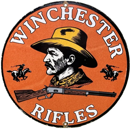 VINTAGE WINCHESTER PORCELAIN GUN SIGN RIFLE AMMO HUNTING SPORT GAS STATION OIL